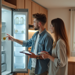 Jeune couple compare deux réfrigérateurs dans la cuisine