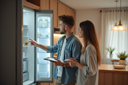 Jeune couple compare deux réfrigérateurs dans la cuisine