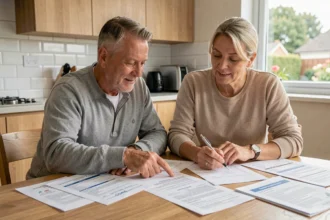 Couple de propriétaires consultant des devis de travaux et des documents d'aides de l'État sur une table de cuisine