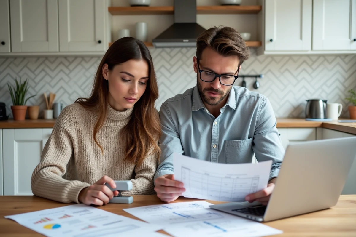 Couple qui prépare un dossier de devis travaux complet pour une demande de prêt immobilier