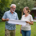Couple regardant des plans de piscine dans leur jardin
