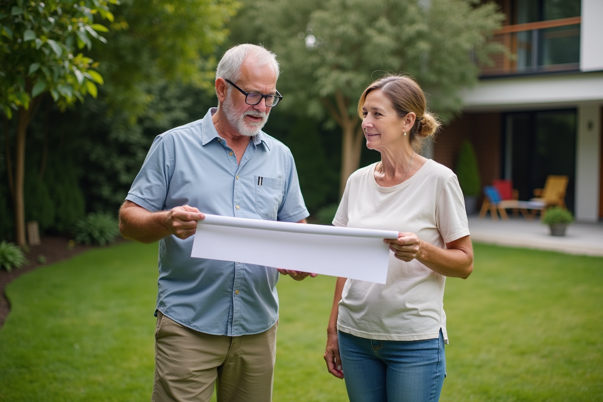 Couple regardant des plans de piscine dans leur jardin