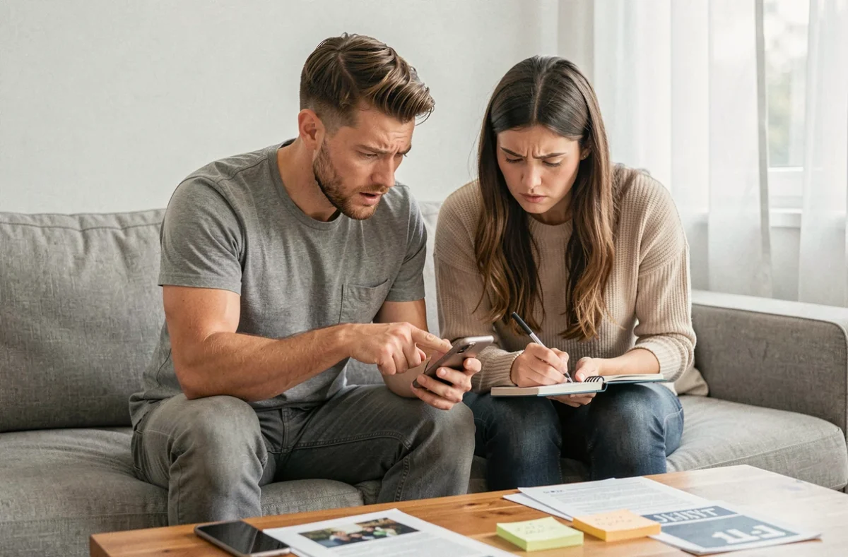 Couple consultant un smartphone pour retrouver leurs plans kozikaa après la fermeture du site