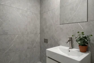 Salle de bain moderne avec dalle murale PVC finition béton mat gris, lavabo blanc et robinetterie en nickel brossé