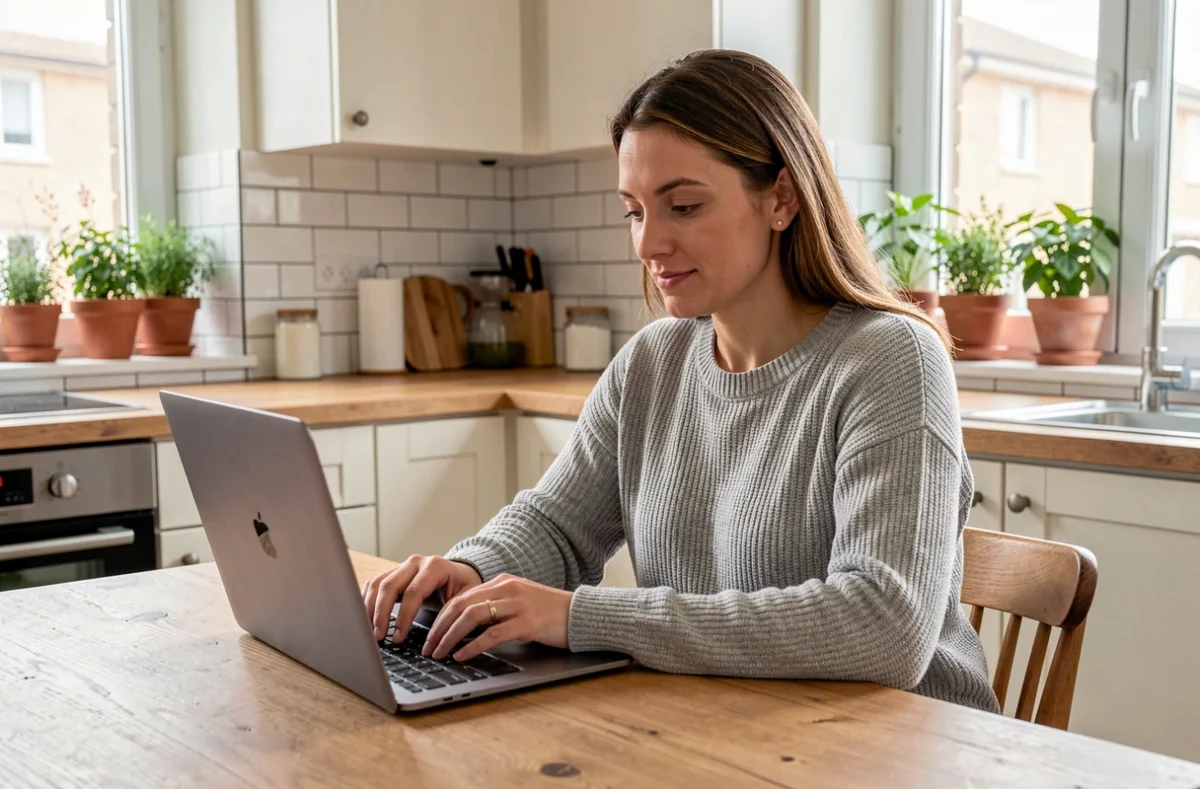 Femme utilisant un ordinateur portable pour demander un devis d'artisan en ligne depuis son domicile, représentant la simplicité et la sécurité de la plateforme Artisan-en-1-clic.fr