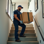 Homme déménageur professionnel portant un uniforme navy monte un carton dans un appartement