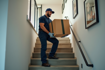 Homme déménageur professionnel portant un uniforme navy monte un carton dans un appartement