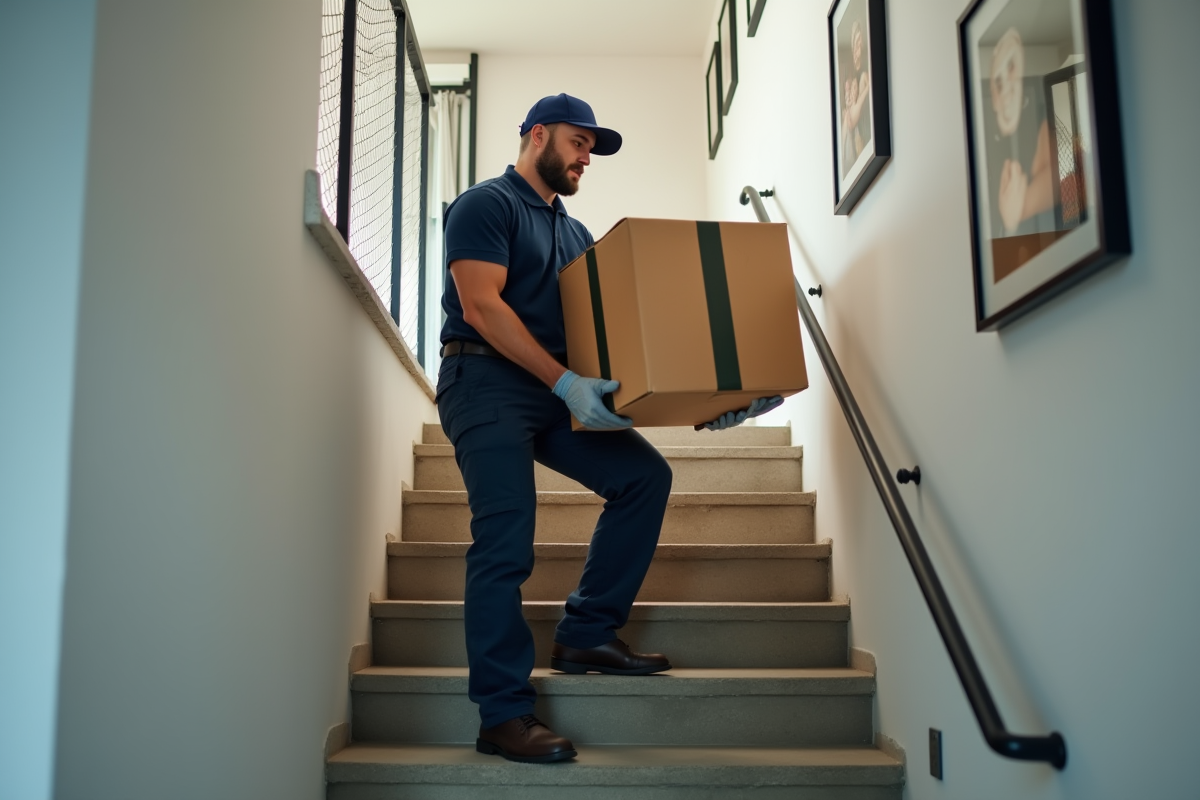 Homme déménageur professionnel portant un uniforme navy monte un carton dans un appartement
