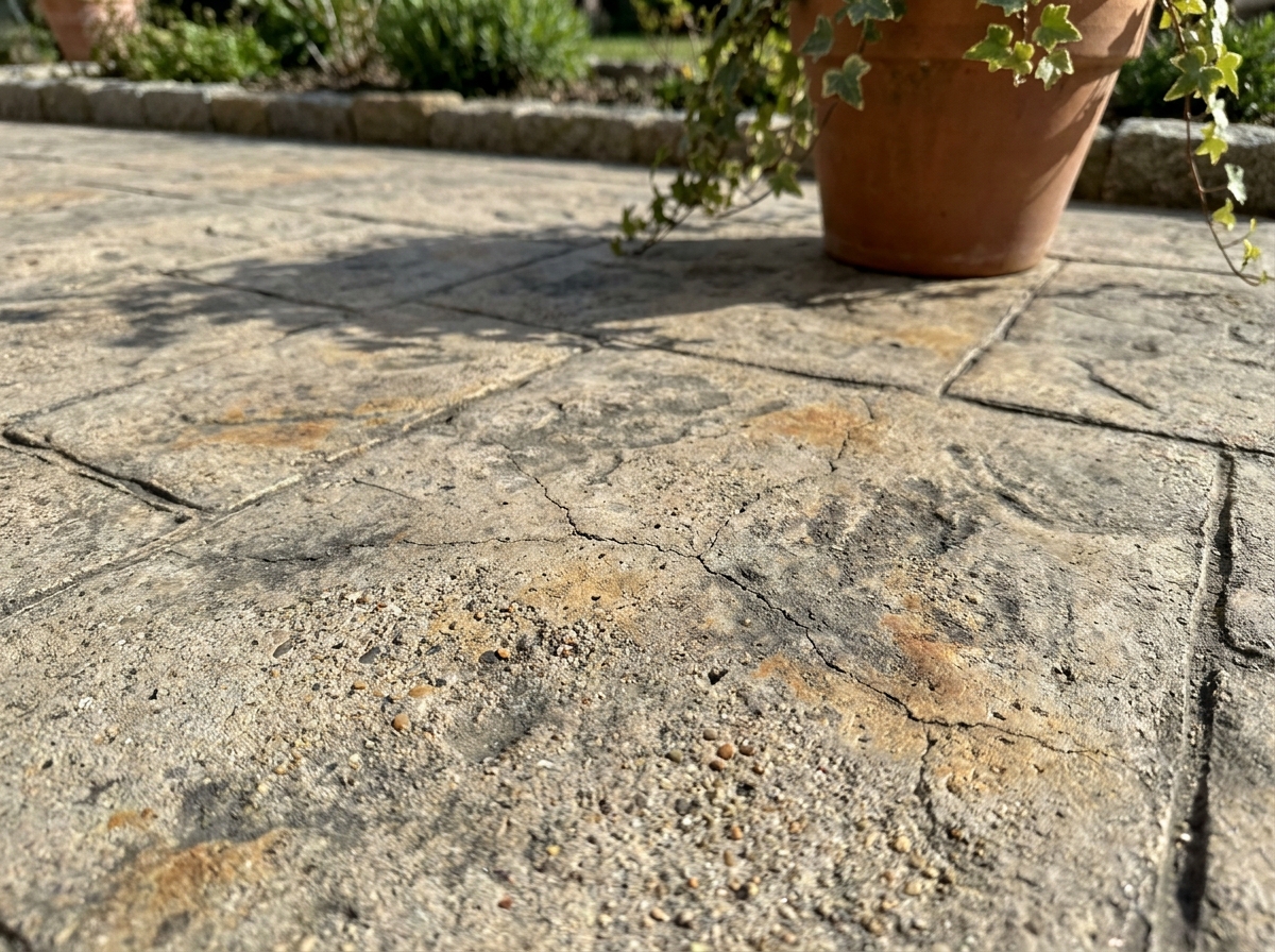 Gros plan sur un béton décoratif estampé imitant la pierre naturelle avec pot en céramique et lierre