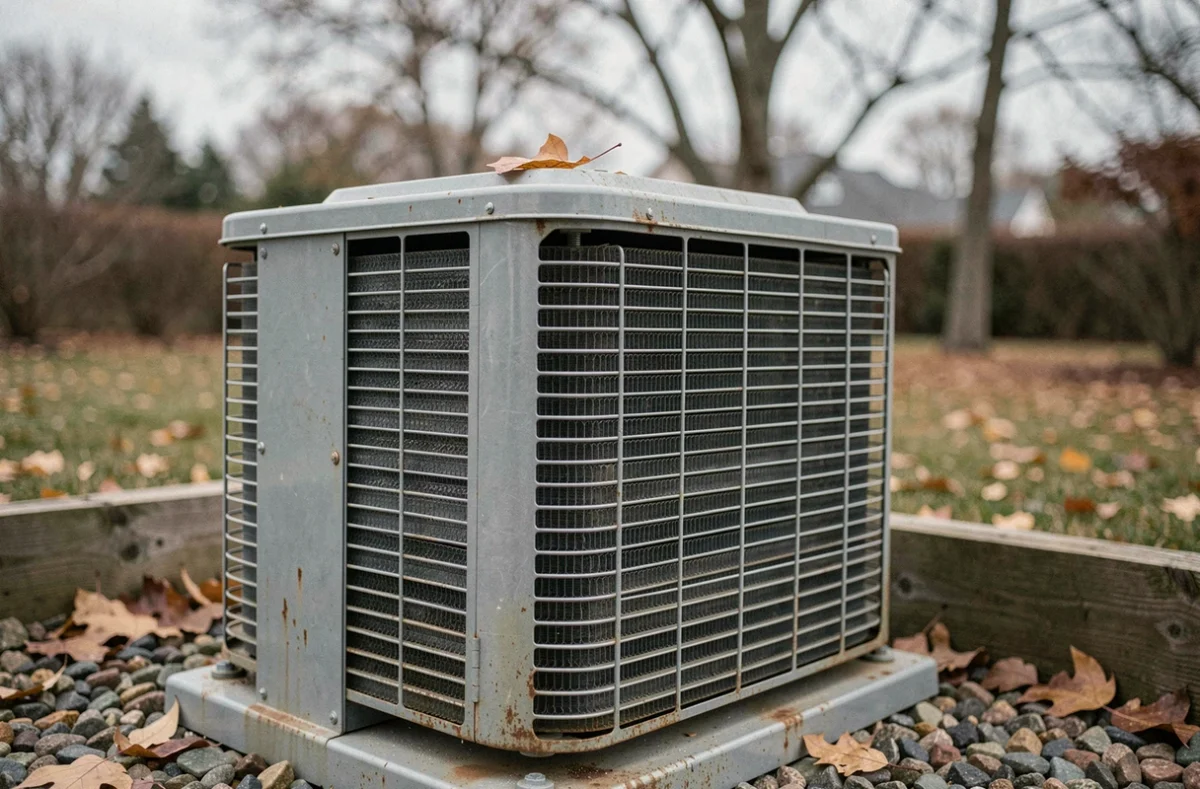Gros plan sur les serpentins et le ventilateur d'une pompe à chaleur extérieure en automne