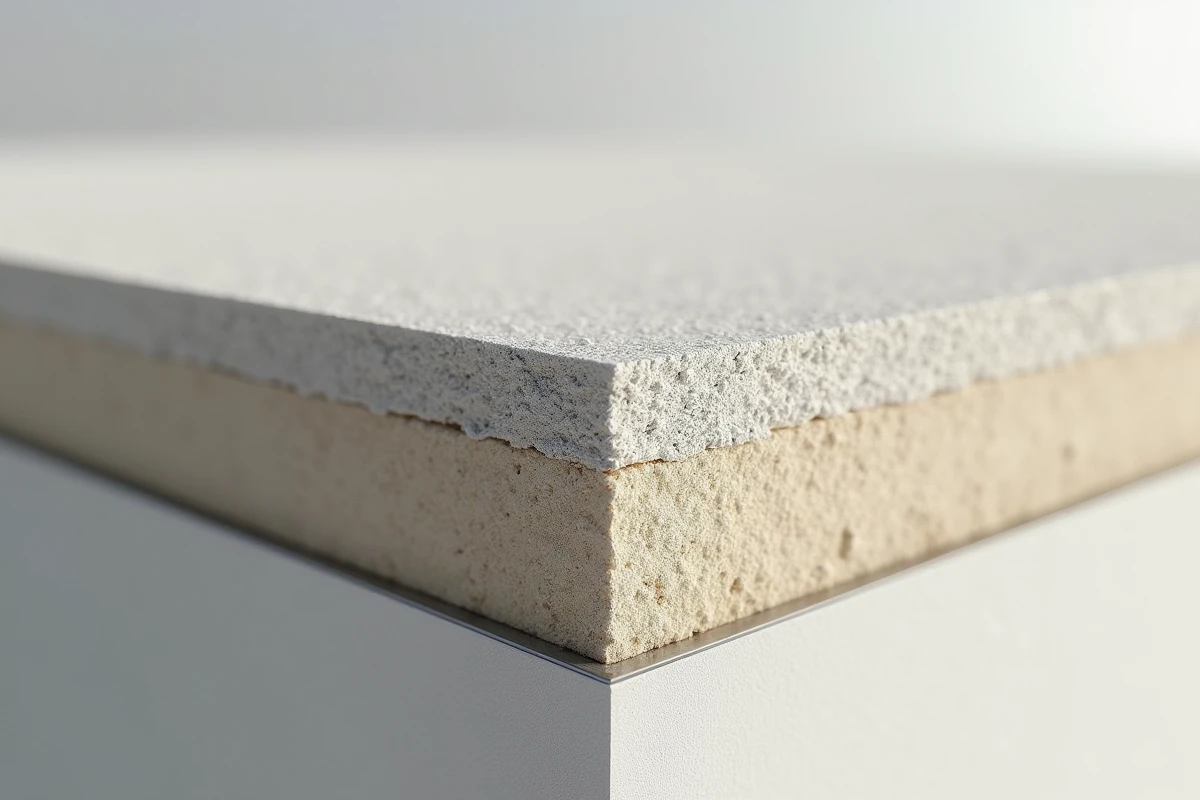 Détail en coupe d'un enduit minéral sur polystyrène avec filet d'armature visible et finition grattée