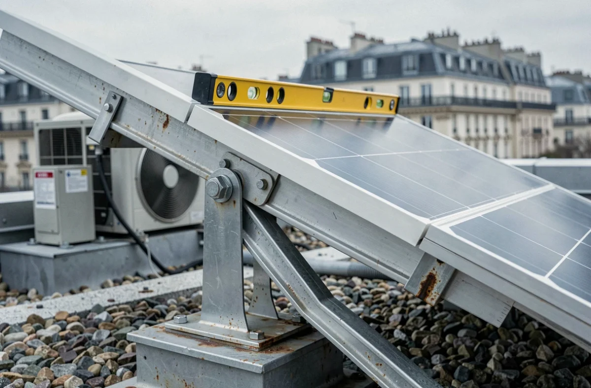 Gros plan sur le système de fixation et de réglage de l'inclinaison d'un panneau solaire sur un toit plat commercial en milieu urbain