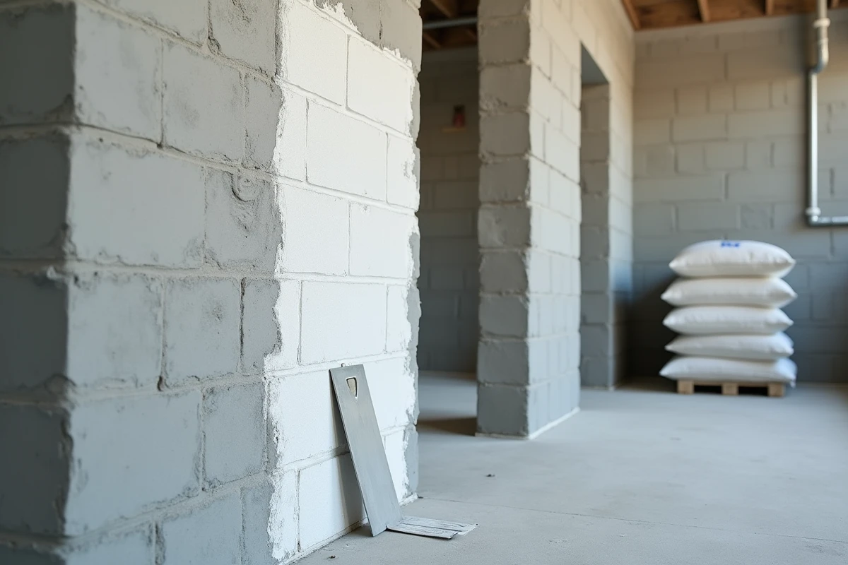 Détail d'un mur en parpaing intérieur avec enduit de base appliqué à mi-parcours, prêt pour la finition peinture