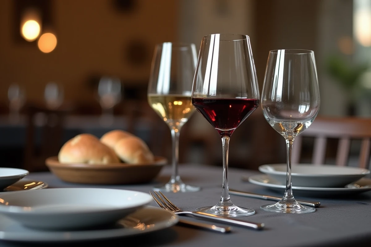 Détail de trois verres positionnés en diagonale sur une table de dégustation dans un bistrot français avec nappe en lin gris ardoise