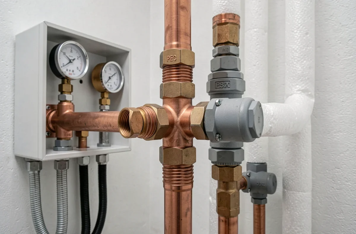 Détail du raccordement hydraulique d'une pompe à chaleur avec vannes, manomètres et isolants en local technique