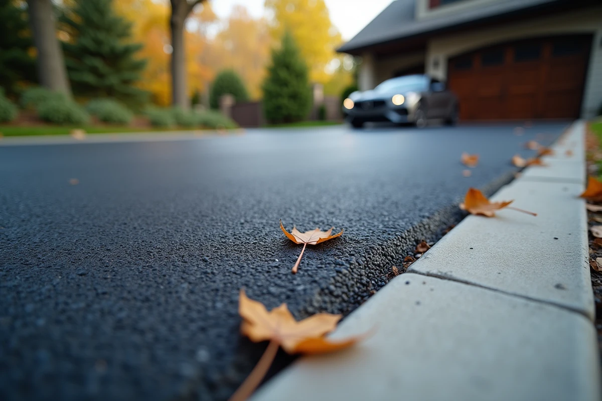 Détail de surface d'une allée enrobée sans fissures avec texture d'asphalte fin visible