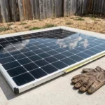 Panneau solaire 500W posé à plat avec mètre ruban montrant ses dimensions réelles