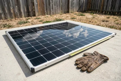 Panneau solaire 500W posé à plat avec mètre ruban montrant ses dimensions réelles