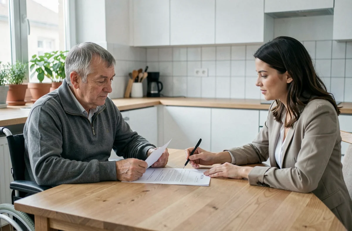Personne en situation de handicap remplissant un dossier MDPH avec l'aide d'un accompagnateur