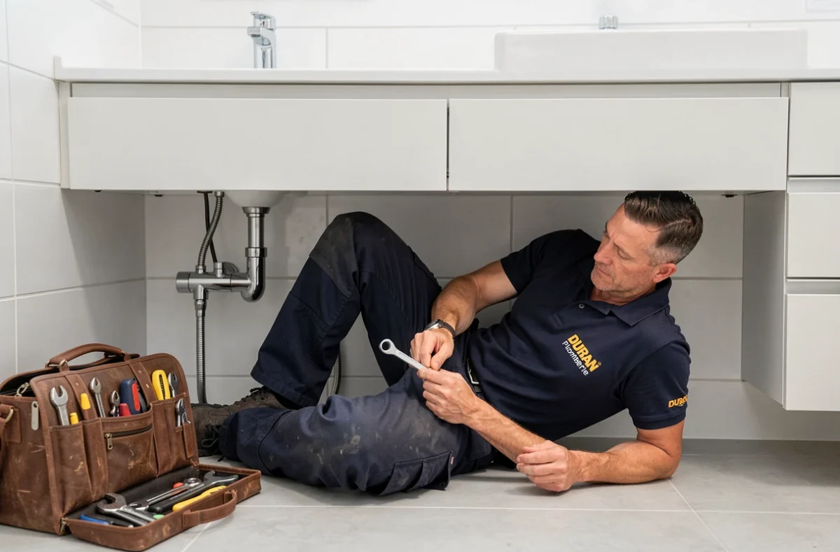 Plombier DURAN Plomberie SAMD installant les robinetteries sous un meuble vasque dans une salle de bain