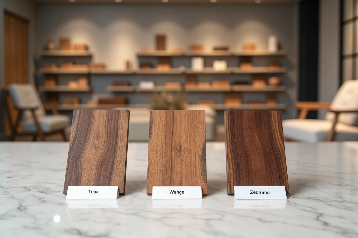 Échantillons de bois exotiques teck wengé et zébrano comparés côte à côte sur marbre blanc en showroom de mobilier