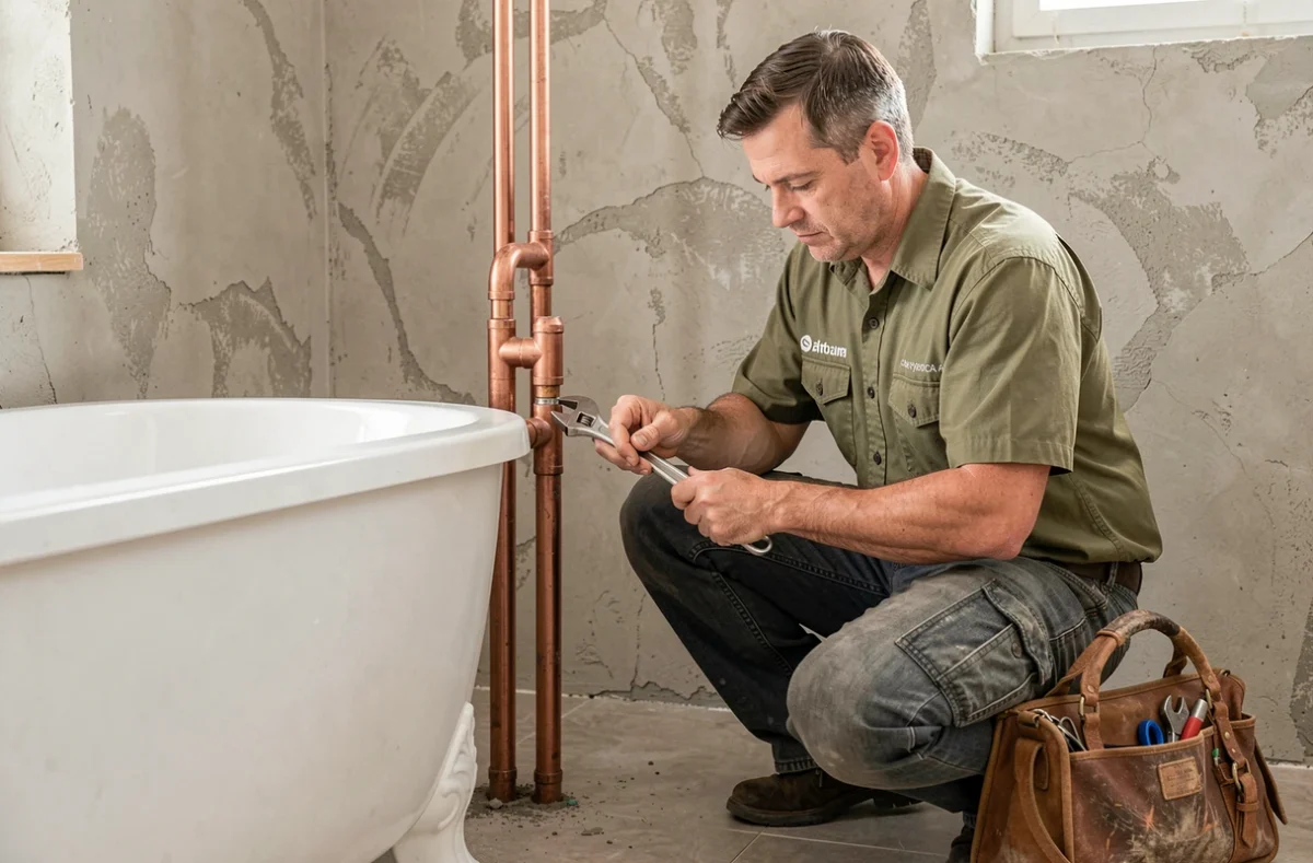 Technicien EGP31Rénovation raccordant la plomberie d'une baignoire îlot dans une salle de bain contemporaine