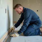 Électricien mesurant un conduit électrique en intérieur