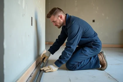 Électricien mesurant un conduit électrique en intérieur