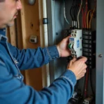 Électricien remplaçant un disjoncteur dans un panneau électrique