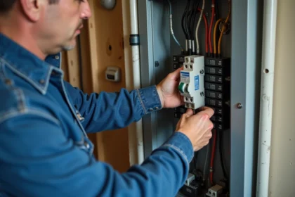 Électricien remplaçant un disjoncteur dans un panneau électrique