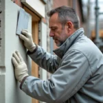 Ouvrier appliquant un enduit extérieur sur un panneau de polystyrène lors d'un chantier de rénovation thermique