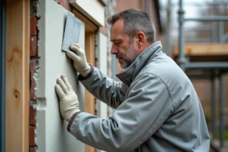 Ouvrier appliquant un enduit extérieur sur un panneau de polystyrène lors d'un chantier de rénovation thermique