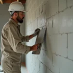 Ouvrier appliquant un enduit gris sur un mur en parpaing intérieur avec une taloche, rendu prêt à peindre