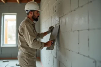 Ouvrier appliquant un enduit gris sur un mur en parpaing intérieur avec une taloche, rendu prêt à peindre