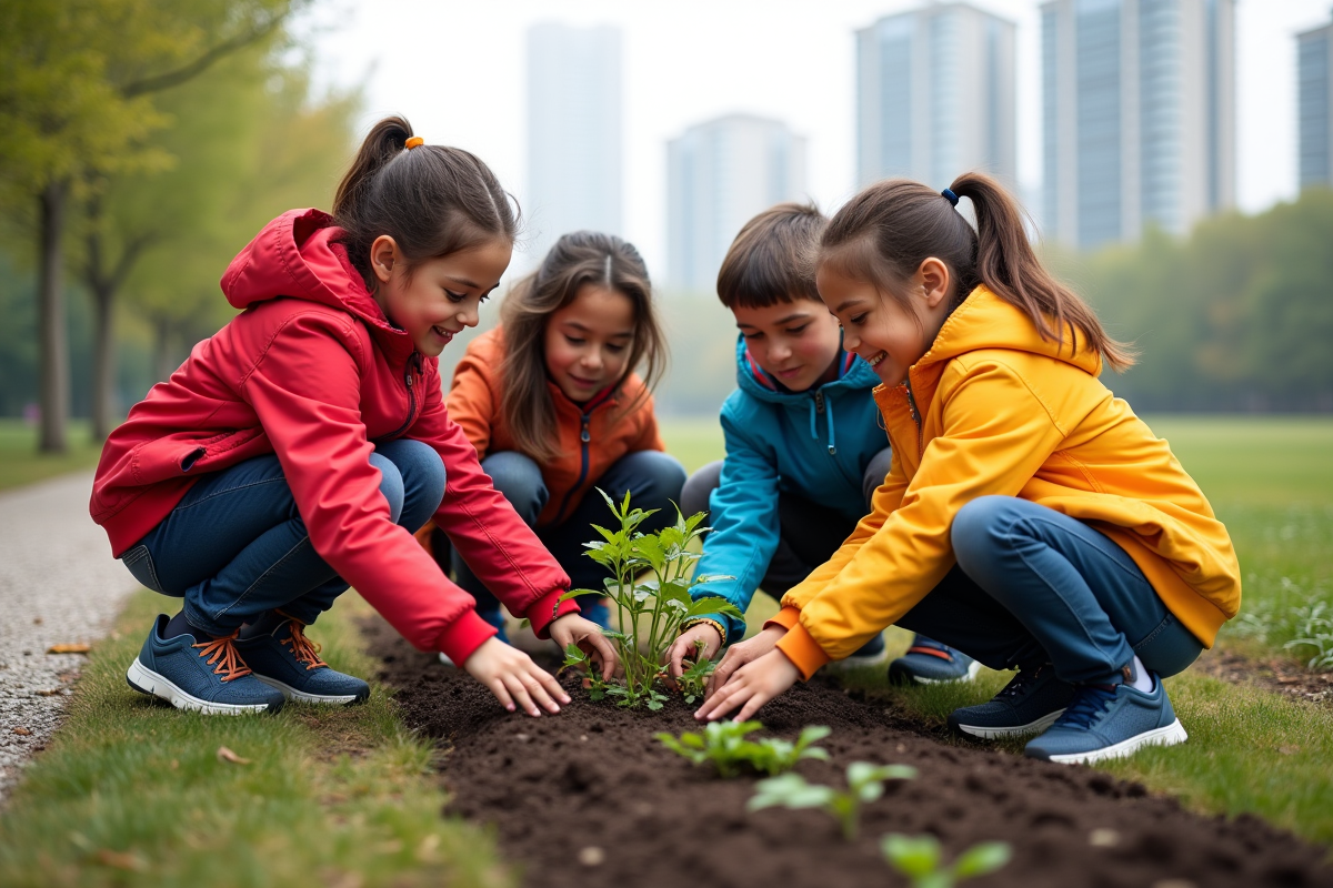 Enfants plantant des semis dans un parc urbain