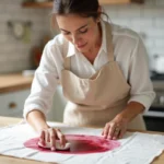 Femme qui enlève une tache de fruit ancienne sur une nappe blanche dans une cuisine domestique
