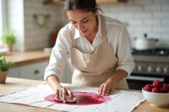 Femme qui enlève une tache de fruit ancienne sur une nappe blanche dans une cuisine domestique
