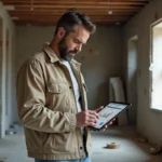 Entrepreneur en rénovation consultant une application de gestion de chantier sur tablette dans un appartement en travaux