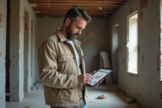 Entrepreneur en rénovation consultant une application de gestion de chantier sur tablette dans un appartement en travaux