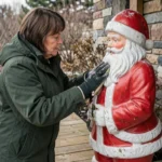 Femme entretenant un père Noël décoratif extérieur en résine sur un porche en bois en hiver