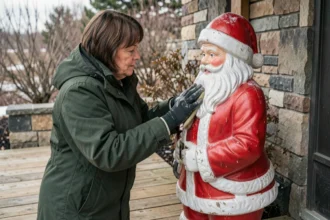 Femme entretenant un père Noël décoratif extérieur en résine sur un porche en bois en hiver