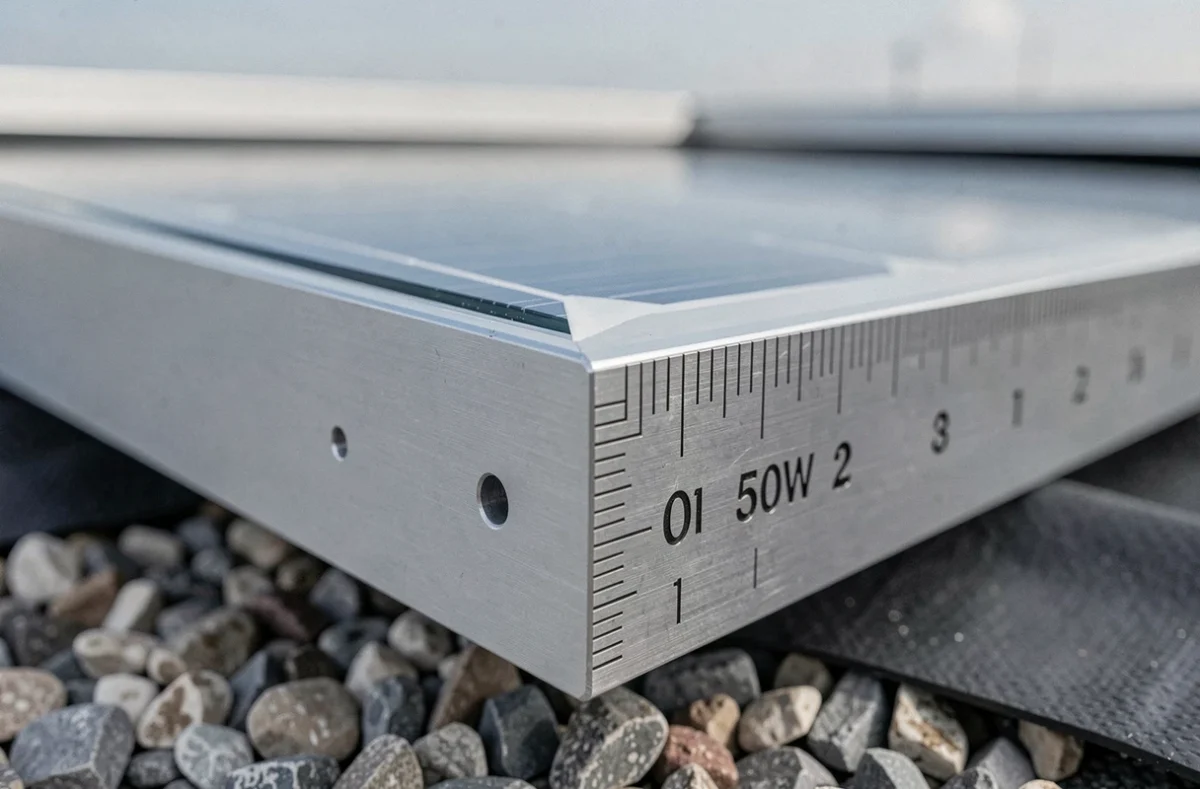 Détail du cadre aluminium d'un panneau solaire 500W avec règle métallique mesurant l'épaisseur