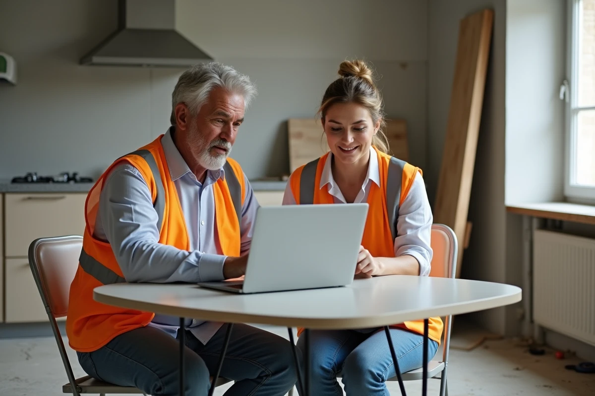 Deux professionnels analysant ensemble un logiciel de gestion de rénovation sur ordinateur portable dans une cuisine en chantier