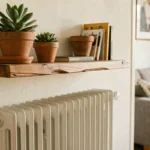 Étagère en bois fixée au mur au-dessus d'un radiateur fonte blanc dans un salon parisien, avec léger gauchissement du bois visible