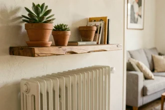Étagère en bois fixée au mur au-dessus d'un radiateur fonte blanc dans un salon parisien, avec léger gauchissement du bois visible