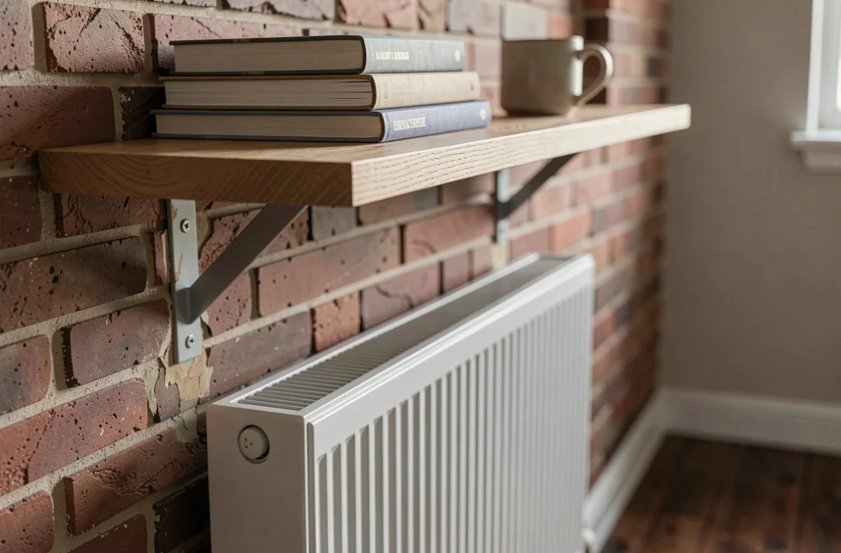 Gros plan sur une étagère en chêne flottante fixée au-dessus d'un radiateur panneau dans un bureau à domicile, avec décoloration visible sur la peinture murale