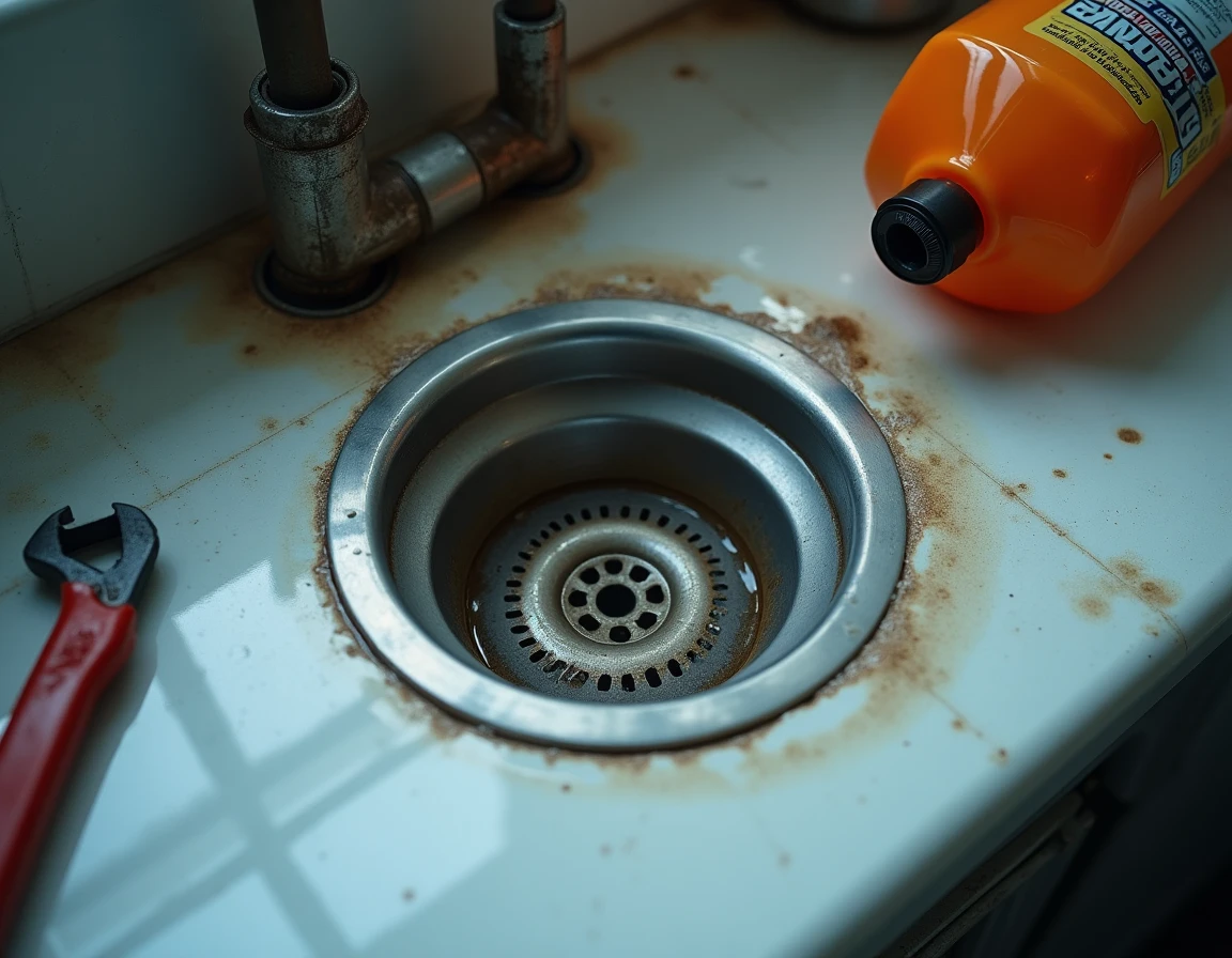 Vue de dessus d'un évier bouché avec de l'eau stagnante et des produits de débouchage à base d'acide chlorhydrique posés sur le plan de travail