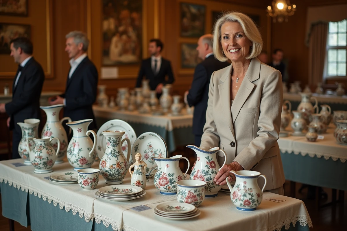 Experte en céramique présentant une collection de faïences Henriot Quimper lors d'une vente aux enchères dans une maison de vente française, avec des pichets et assiettes bretons exposés sur une table drapée de velours