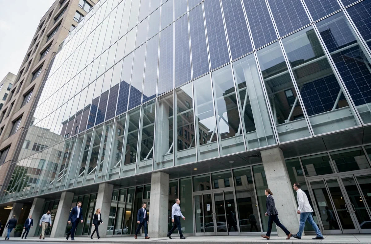 Façade commerciale habillée de panneaux solaires bi-verre intégrés comme éléments architecturaux en milieu urbain