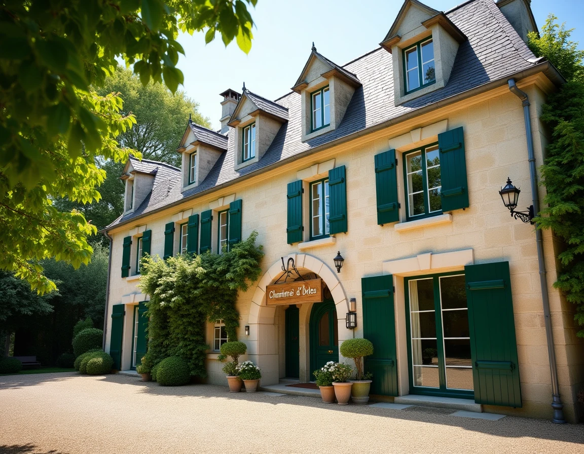 Façade en pierre d'un manoir chambre d'hôtes de charme avec volets verts, cour en gravier et rosiers grimpants typique du patrimoine français